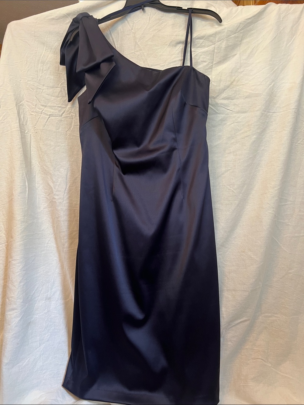 Eliza J Midnight Navy One-Shoulder Satin Dress with Shoulder Bow